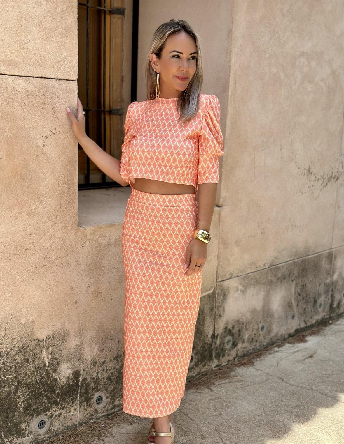 Women's Mid-sleeve Cropped Top Floral Print Slit Skirt Suit