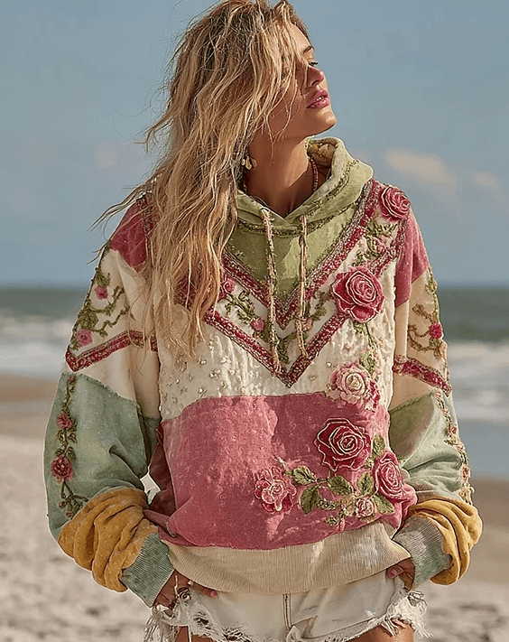 Vintage Hooded Jacket Versatile Lace-up Printed Sweatshirt