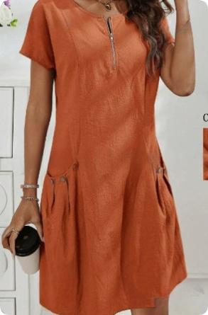 Short-sleeved Dress With Pockots And Zipper Women's Summer Clothing