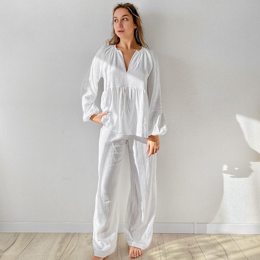 Pure Cotton Comfortable Casual Pajamas Autumn Womens Long-Sleeve Pants Loungewear