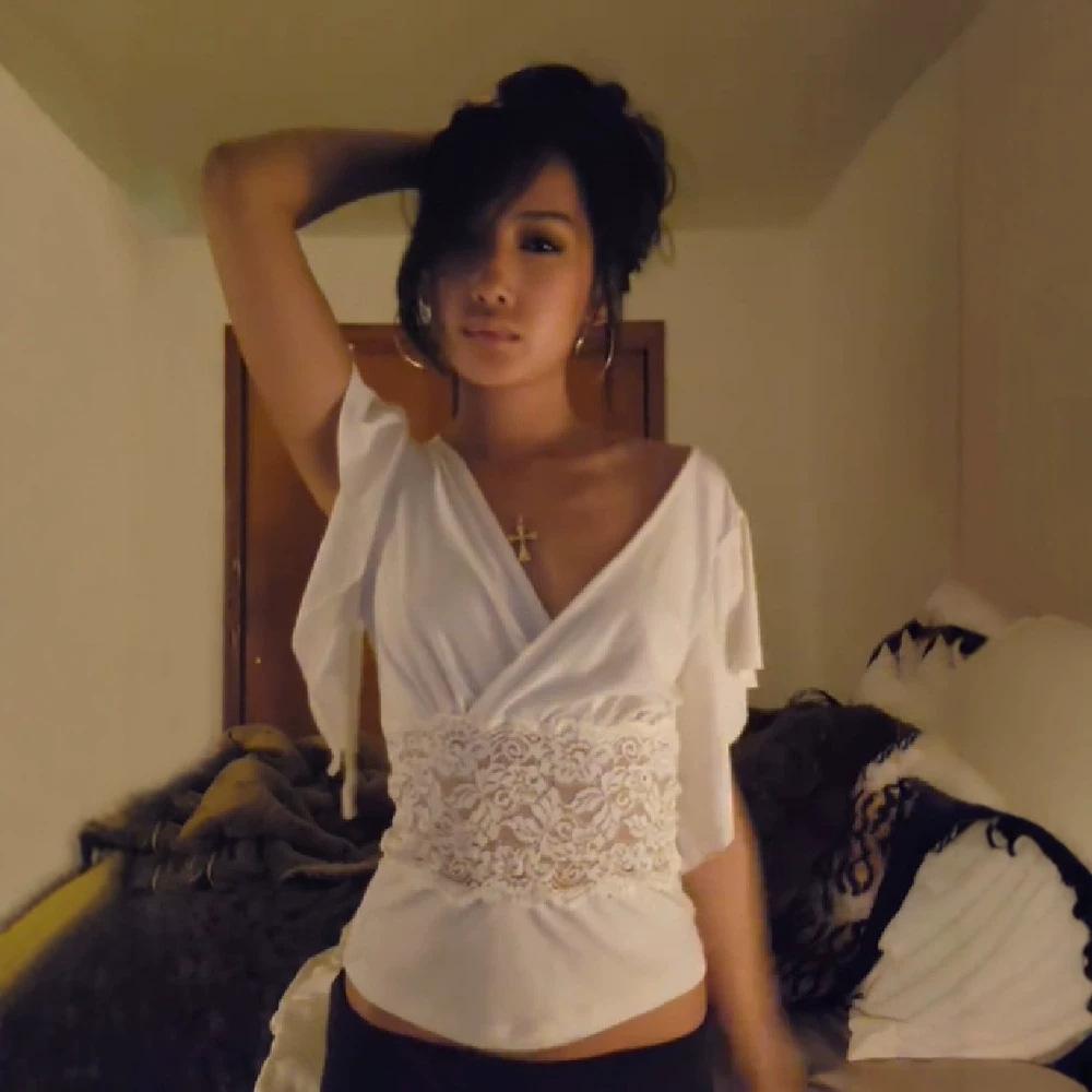 Satin V-neck Cross-design Ruffled Short-sleeve Sheer Lace Crop Top