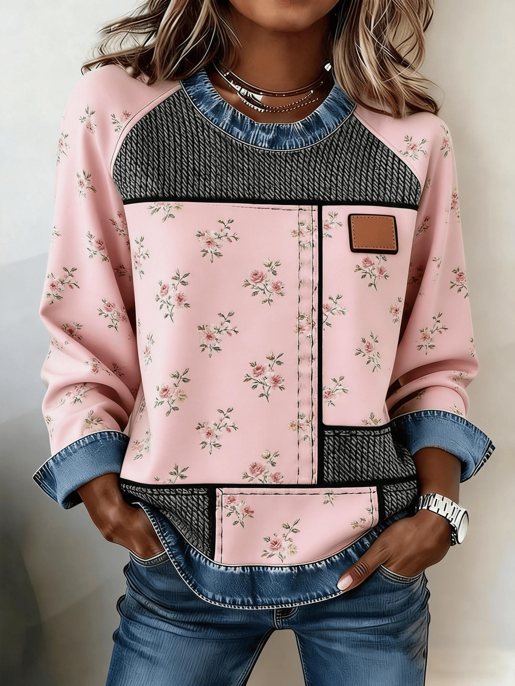 Denim Patchwork Crew Neck Casual Top
