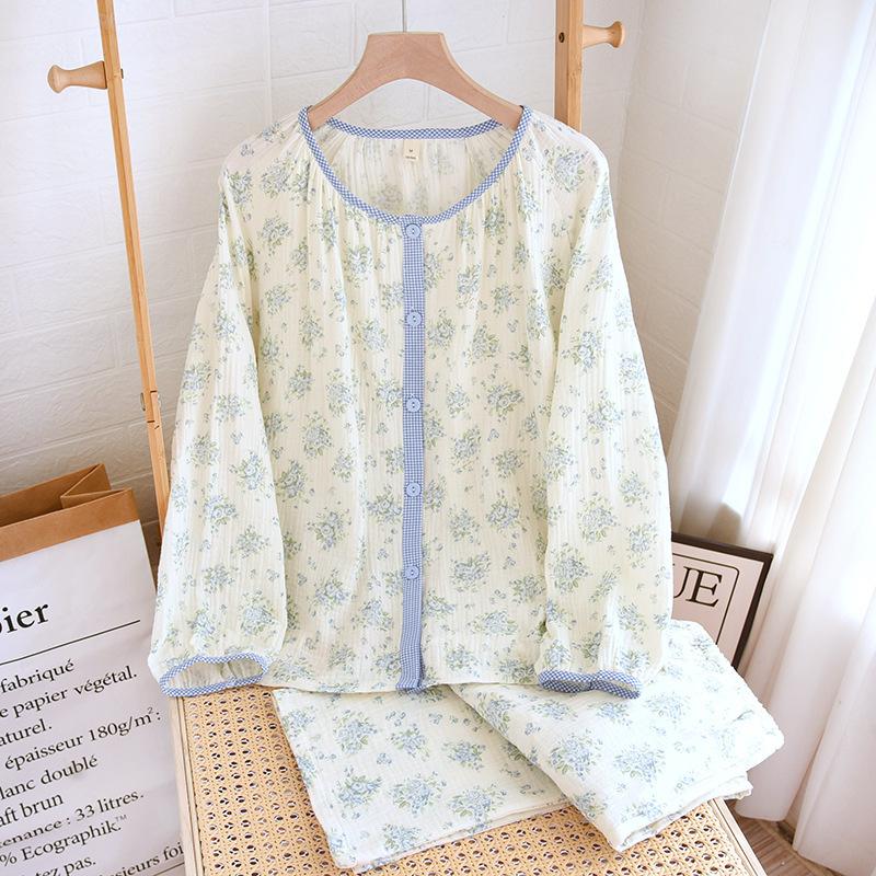Cotton Floral Sweet Pajamas Women's Casual Long-sleeved Trousers Large Size Suit