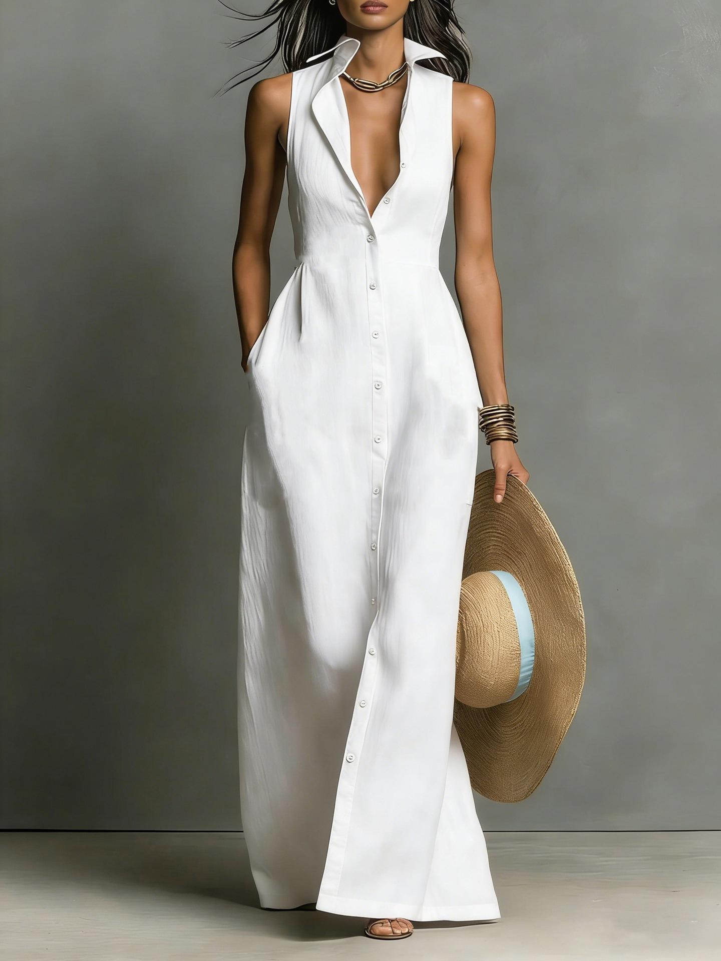 New European & American Style Button-Detail Sleeveless Shirt Collar Dress
