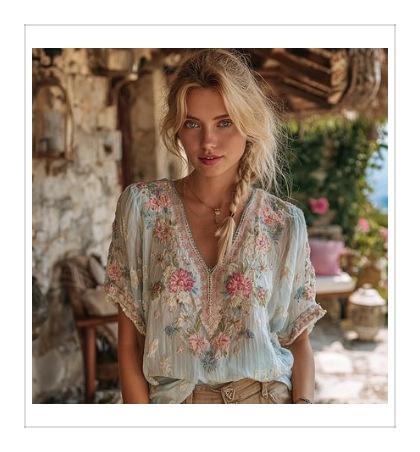 V-neck Elegant Artistic And Retro-style Short-sleeve Top For Women