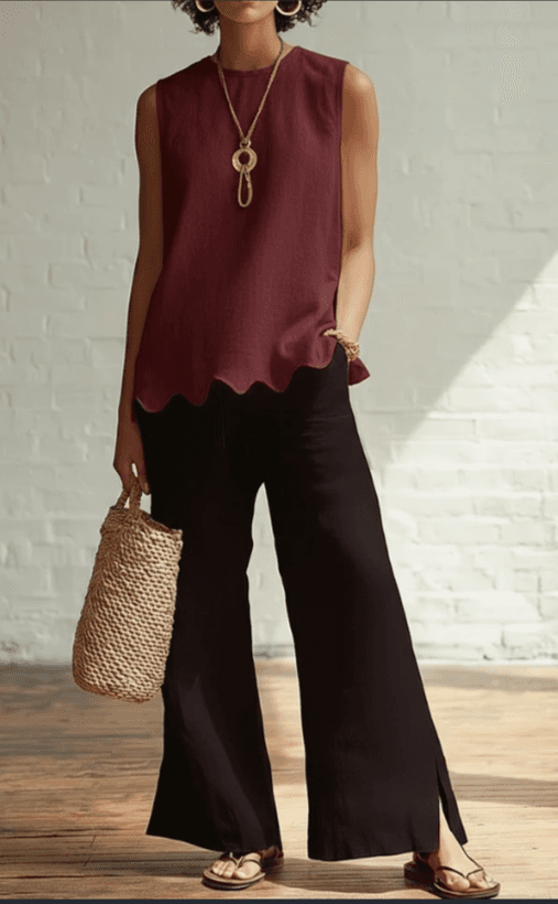 Linen-Style Round Neck Scallop Hem Sleeveless Top