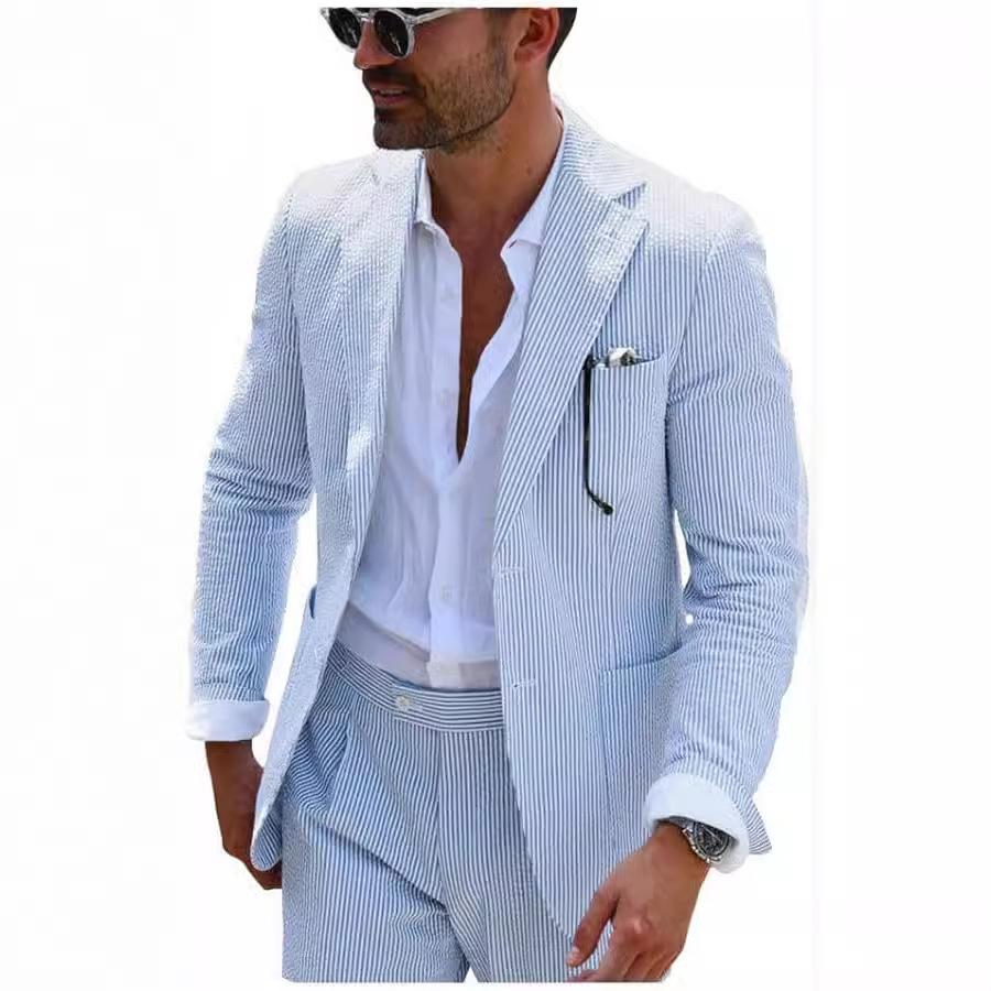 Mens Bubble-Chiffon Suit Slim-Fit Two-Piece Set