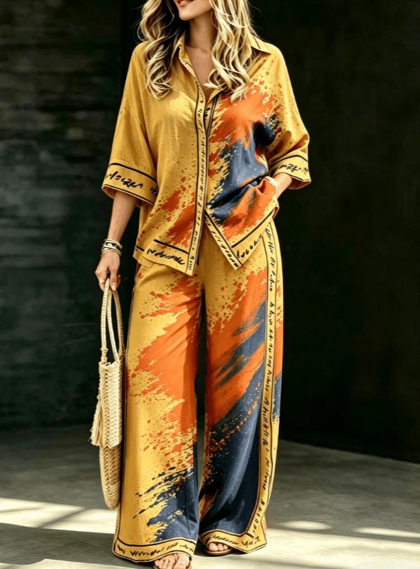 Summer Womens Shirt Set With A Digital-print Collar