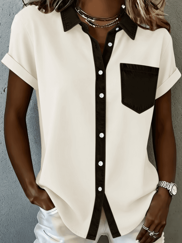 Casual Collared Button-down Color-blocked Pocket Short-sleeved Shirt For Women, Loose Fit, Suitable For Commuting.