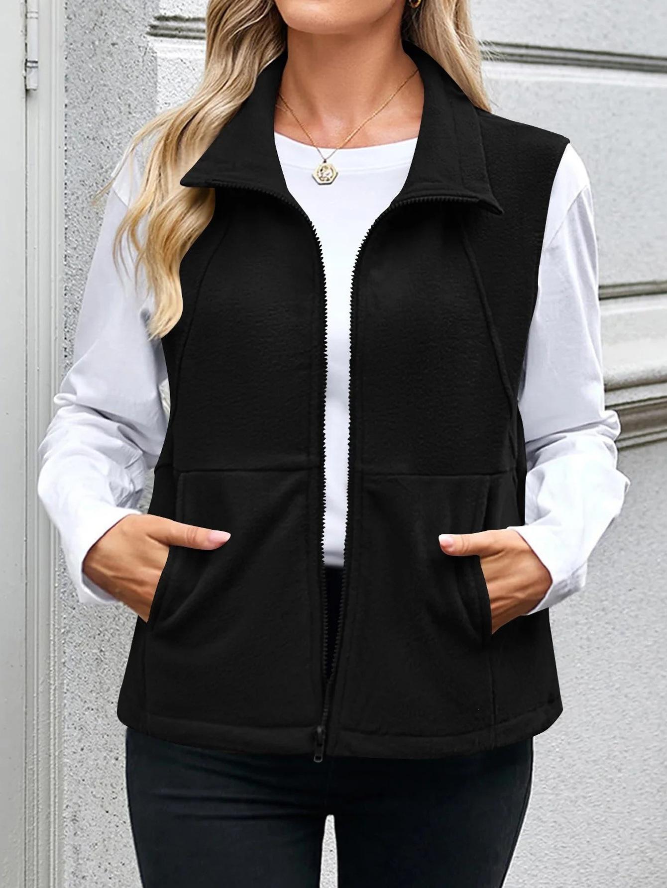 Fleece Vest With Pockets Zip Closure And A Lapel Collar Sleeveless Cardigan Style