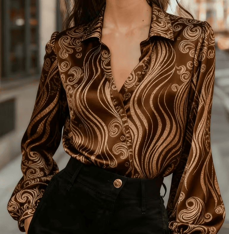 Urban Light Luxury Style Red-Edged Color-Block Puff Sleeve Shirt For Women