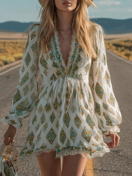 Women's Boho Long Sleeve Mini Dress