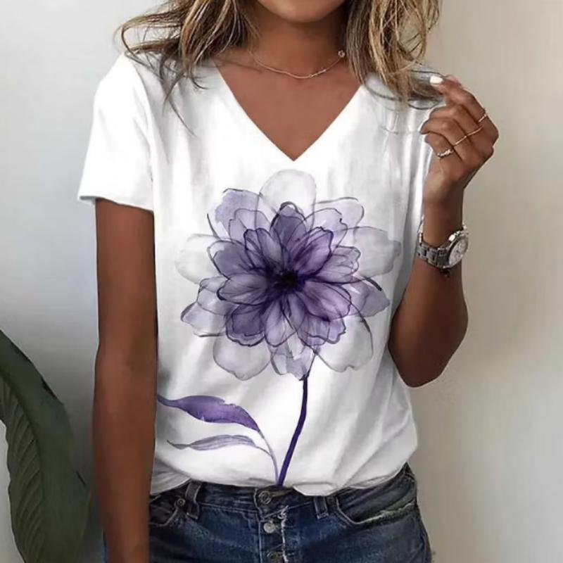 Watercolor Floral Print V-Neck T-Shirt