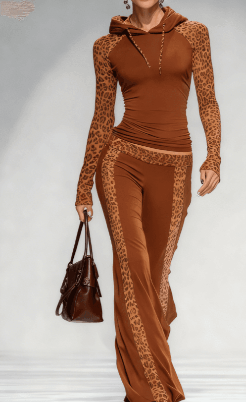 Leopard Print Patchwork Hooded Slim-fit Flared Pants Casual Suit