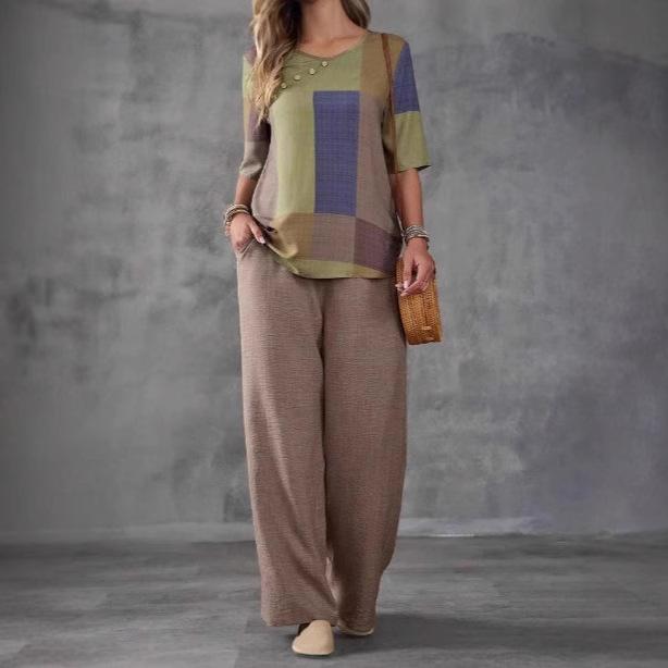 Woven Geometric Printed Top Solid Color Pants Fashion Casual Set