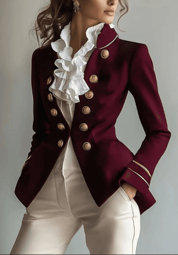 Vintage Court-style Burgundy Blazer For Women, With Gold Embossed Double-breasted Buttons, Ruffled Collar, Waist-cinching, Elegant Fitted Blazer