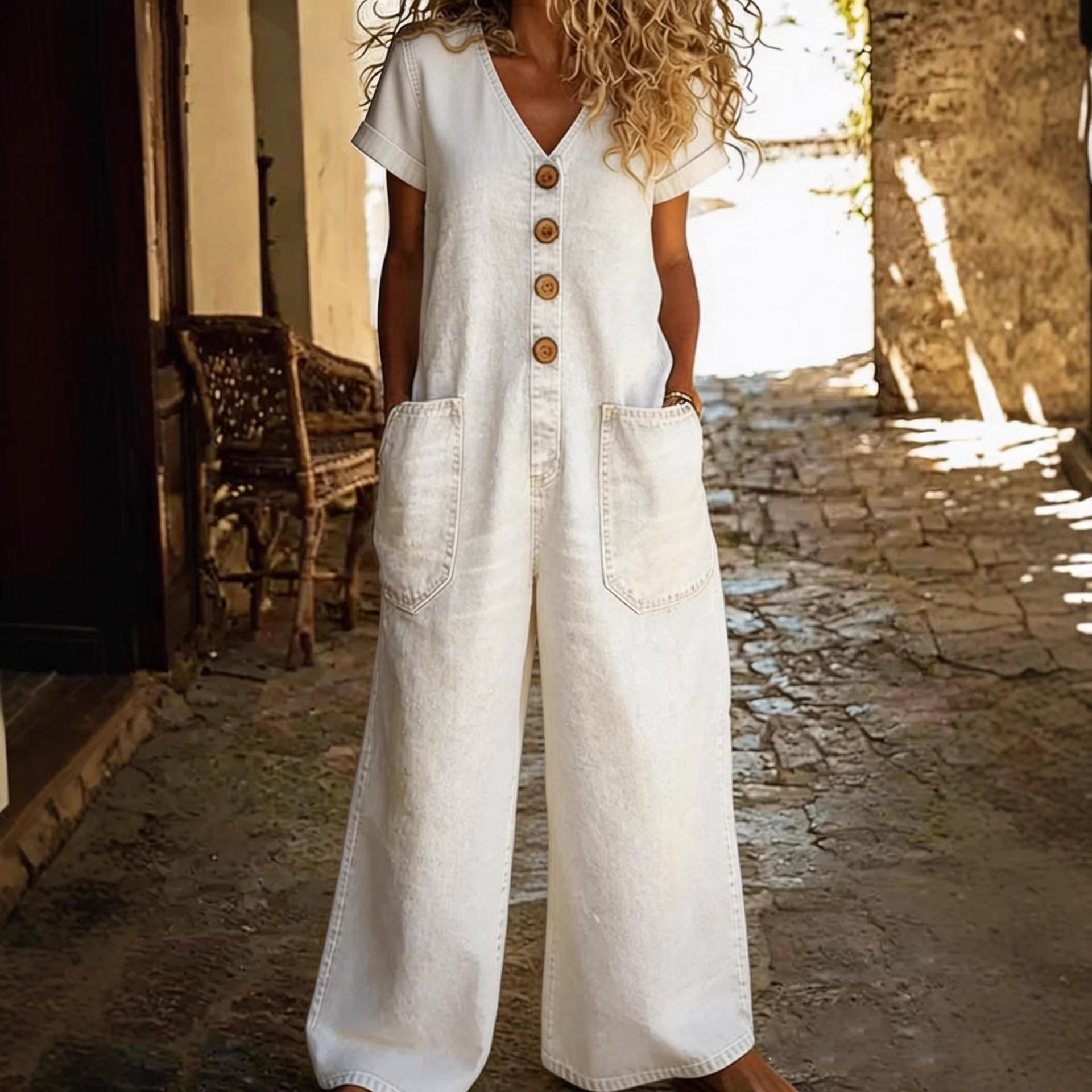 Womens Retro Summer Cotton-Linen Button-Pocket Comfortable Short-Sleeve Casual