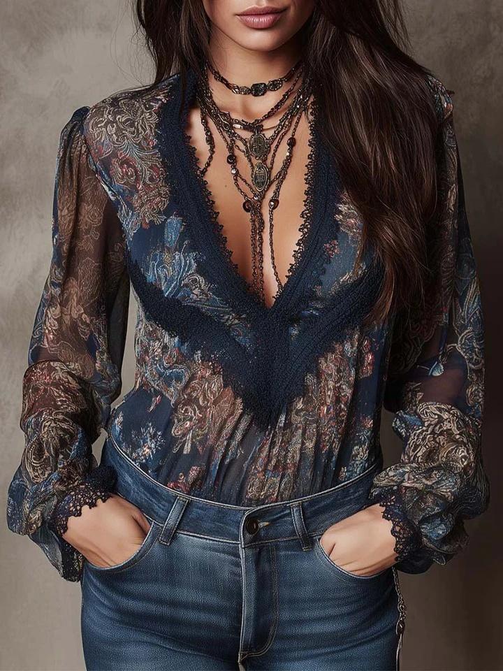 Retro Paisley Print V-neck Lace Puff Sleeve Women's Shirt Top