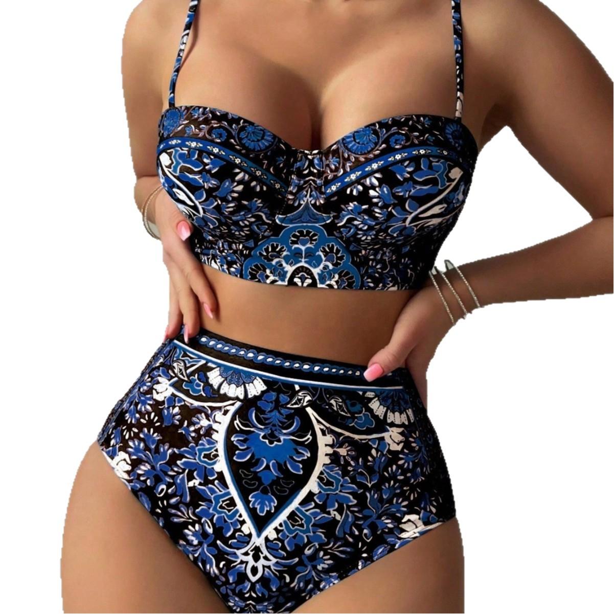 Floral Print Hard Cup Sexy Bikini Set With Straps High Elastic Swimsuit