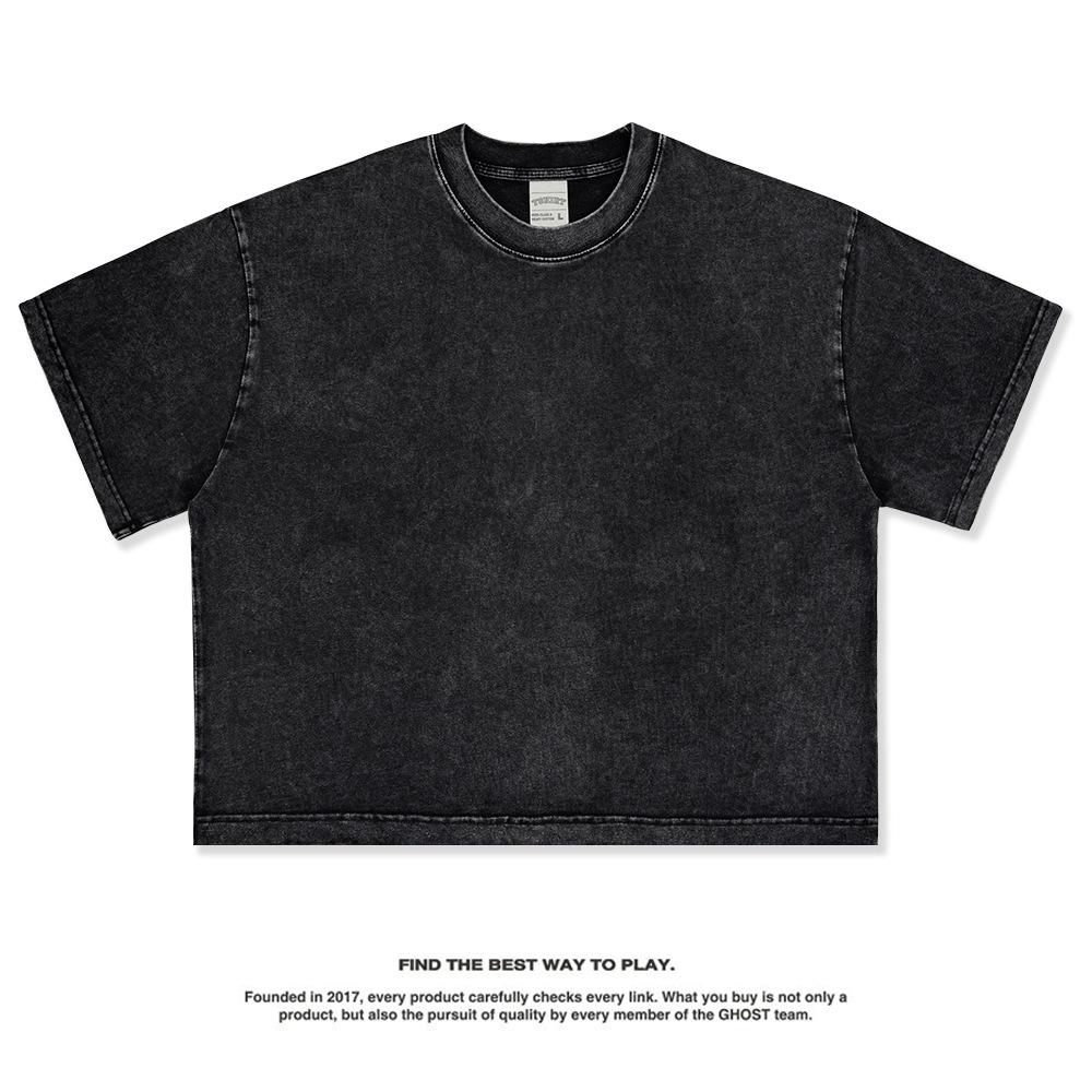 Wide Crew Neck Heavyweight Pure Cotton Short-sleeve Vintage Washed Cropped T-shirt