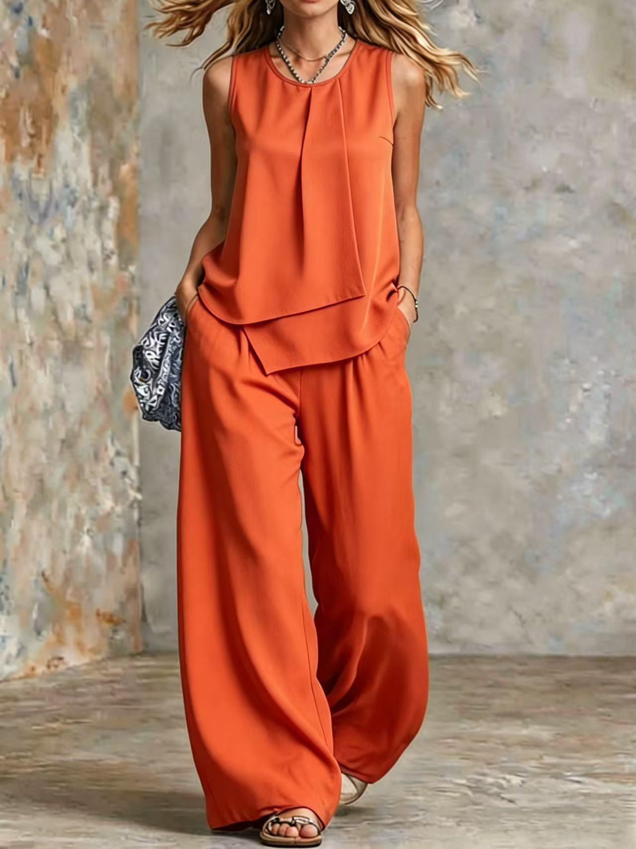 Casual Chic Sleeveless Solid Color Two Piece Set With A Top And Wide Eg Pants