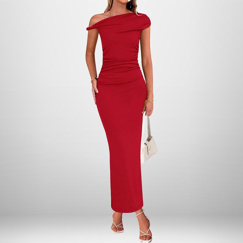 Fashion Sexy Solid Color Oblique Shoulder High Waist Dress