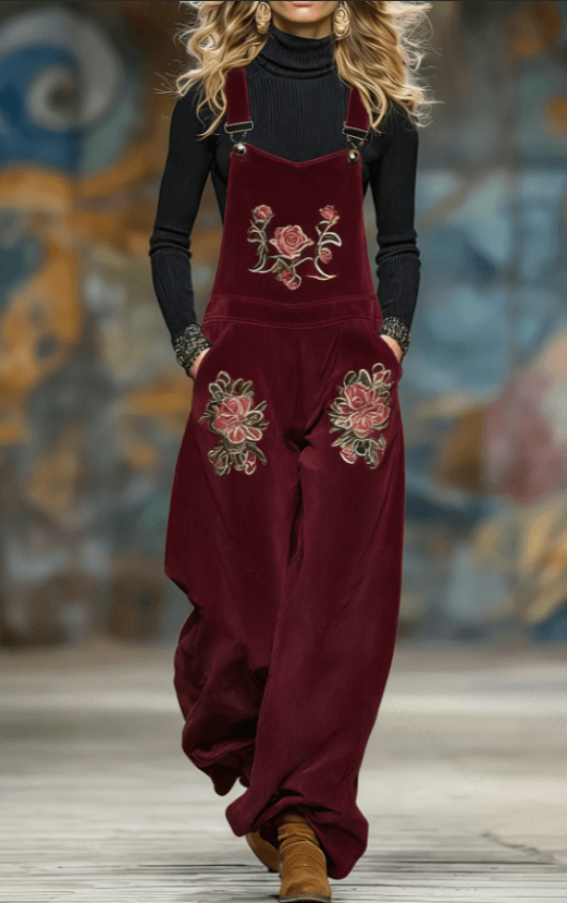 Corduroy Rose Embroidery Wide-Leg Overalls With Straps