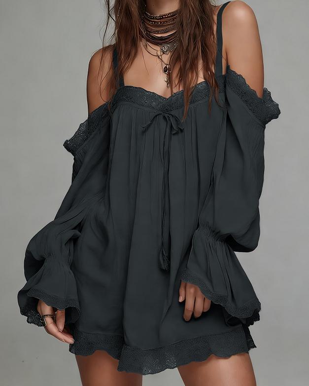 Lace-trimmed Off-shoulder Puff Sleeve Loose Short Dress