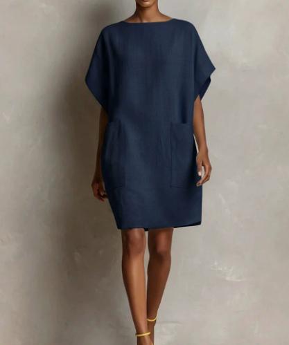 Womens Loose-Fitting Boatneck Dress With Batwing Sleeves And Large Pockets
