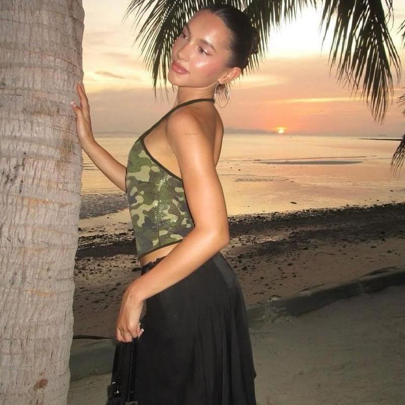Women's Sexy Hot Girl Camouflage Printed Sequins Halter Backless Outer Vest