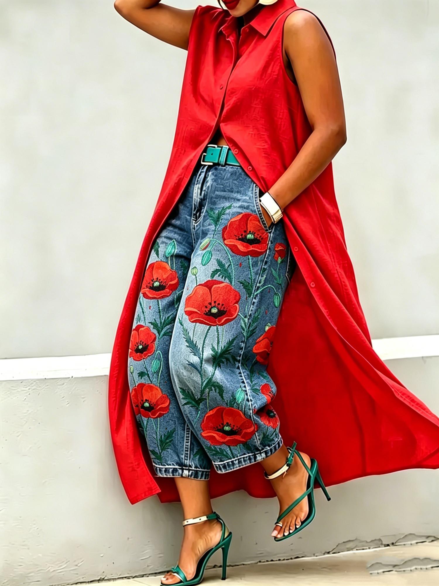 Mid-rise Wide-leg Denim Capri Pants