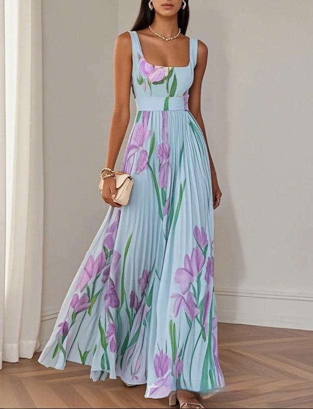 Sleeveless Formal Pleated Printed Dress