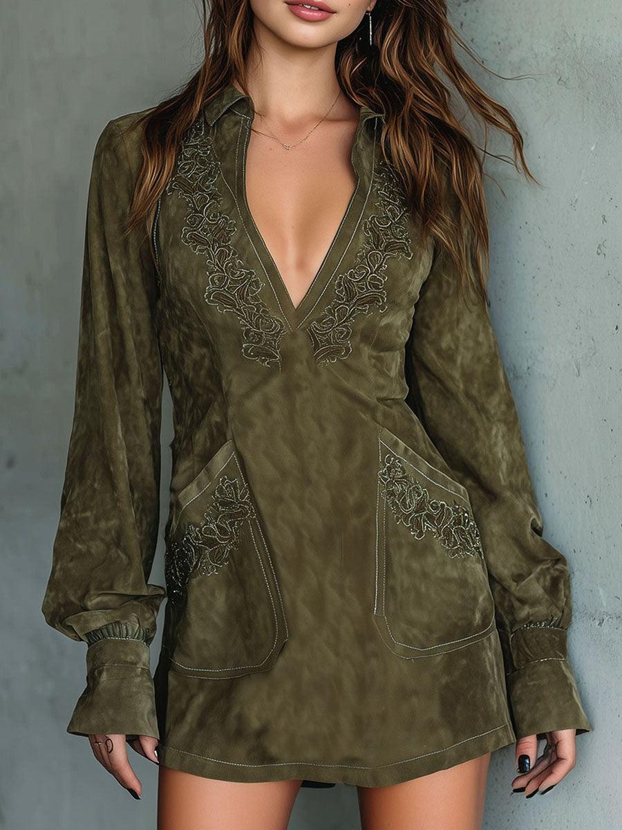 Deep V-neck Casual Collared Long-sleeved Slim-fit Short Skirt