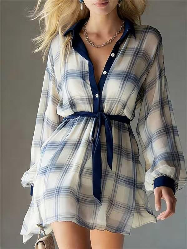 Women's Plaid Long Sleeved Shirt Dress