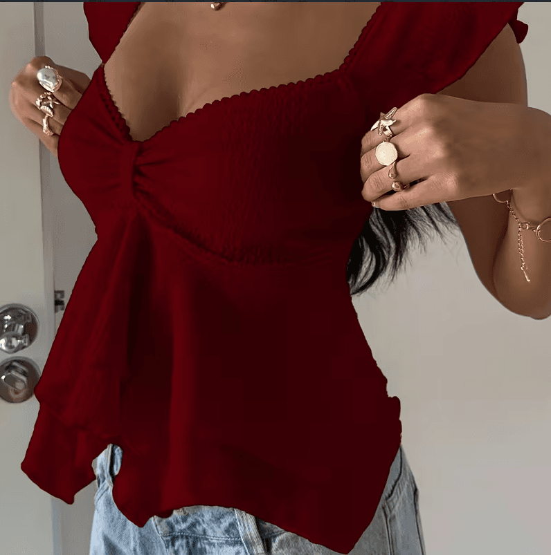 Hot Girl Slim-fit Solid Color V-neck Ruffle Top