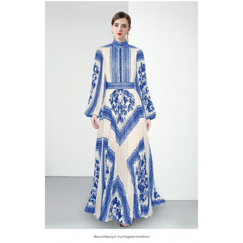 European And American Elegant Stand-up Collar Puff Sleeve Positioning Printed Waist-controlled Pleated Puffy Long Dress