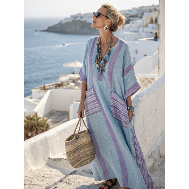 Female Digital Printed V-neck Five Quarter Sleeve Dress