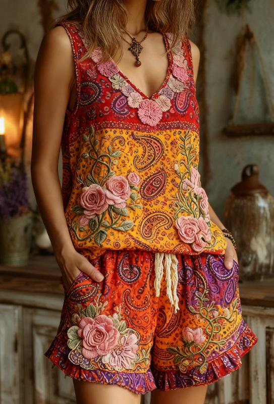 Women's Floral Embroidery V-neck Vest And Shorts Two-Piece Set