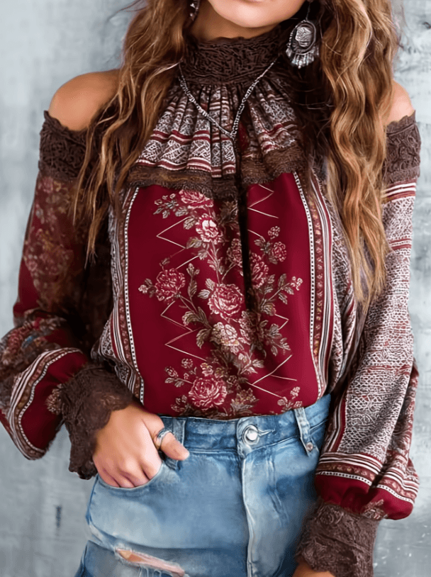 Women's Western Retro Hollow-out Off-shoulder Long-sleeved Loose Top