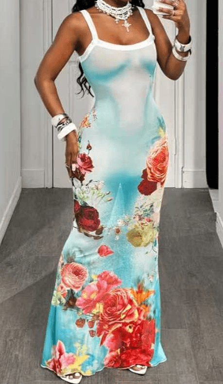 Resort-style Floral Print Sundress, Fitted Fishtail Dress For Women