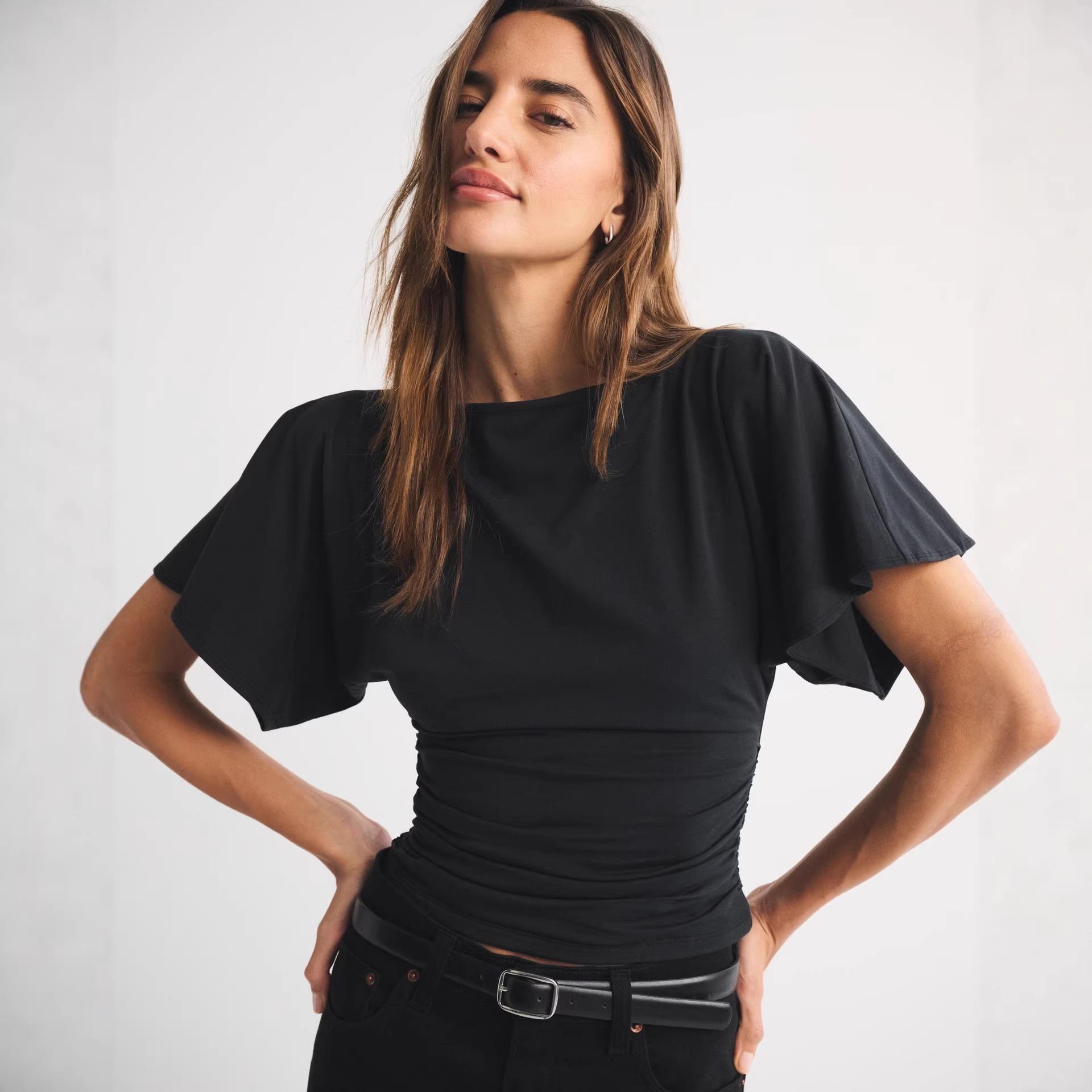 Womens Fashionable Casual T-Shirt With Batwing Sleeves And Waist Pleating