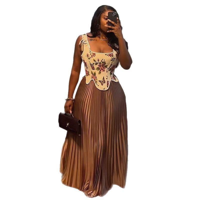 Women's Printed Waist-controlled Vest High Waist Pleated Skirt Two-piece Set