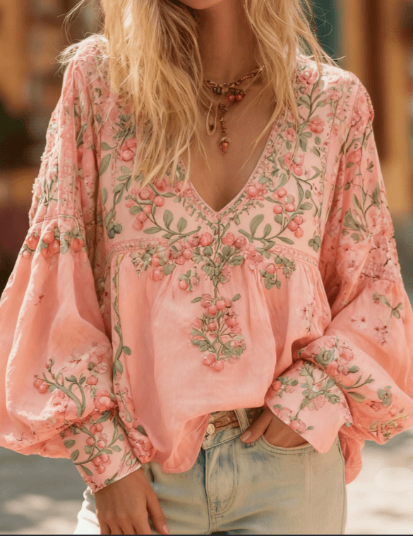 Floral Embroidery Casual V-neck Puff Sleeve Top