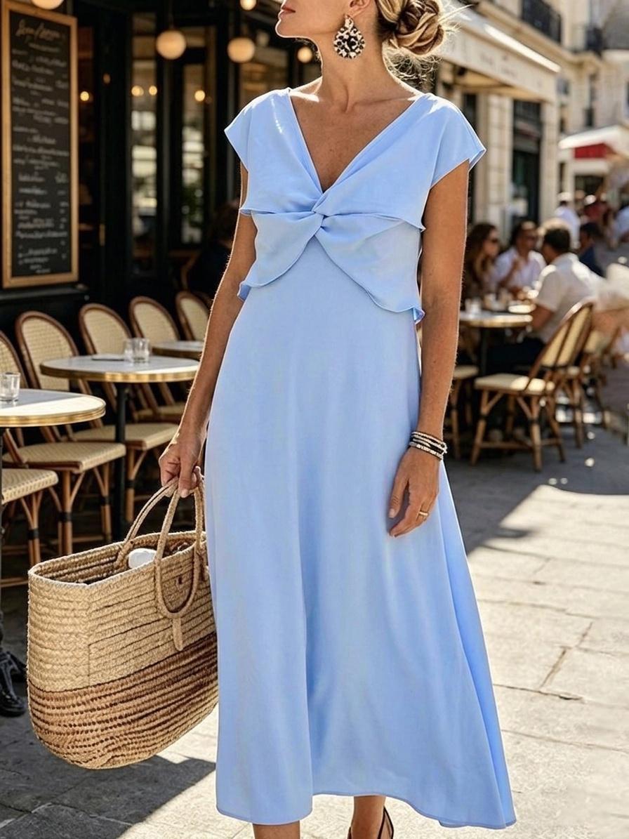 Light Blue Off The Shoulder Twisted Front Cap Sleeve Flowy Midi Dress