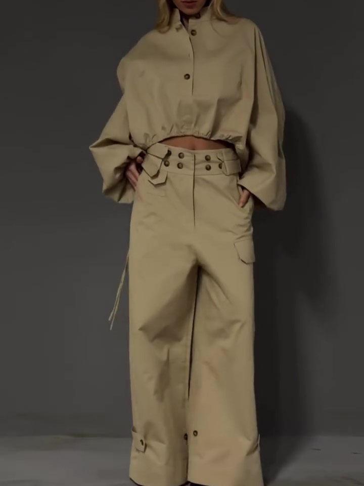 Khaki Stand Collar Puff Sleeve Crop Top & Double Button Wide Leg Cargo Pants Set