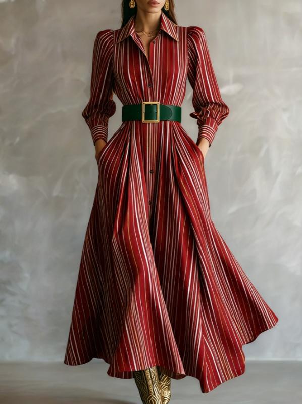 Waist-cinching Shirt Collar Casual Long Dress