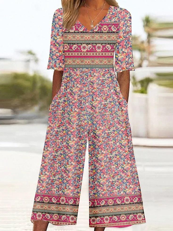 Spring And Summer Print Women's Pocket Collar Jumpsuit