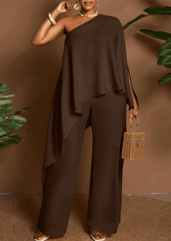 One-shoulder Cape-style Top And Wide-leg Pants Two-piece Set