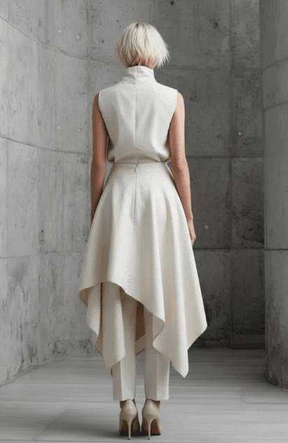 Architectural Origami Two-Piece Co-ord Set-High-Neck Sculptural Top & Asymmetrical Skirt