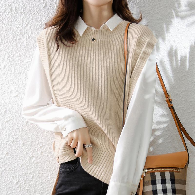 Womens Knitted Crew-Neck Vest Casual Loose-Fit Sleeveless Waistcoat